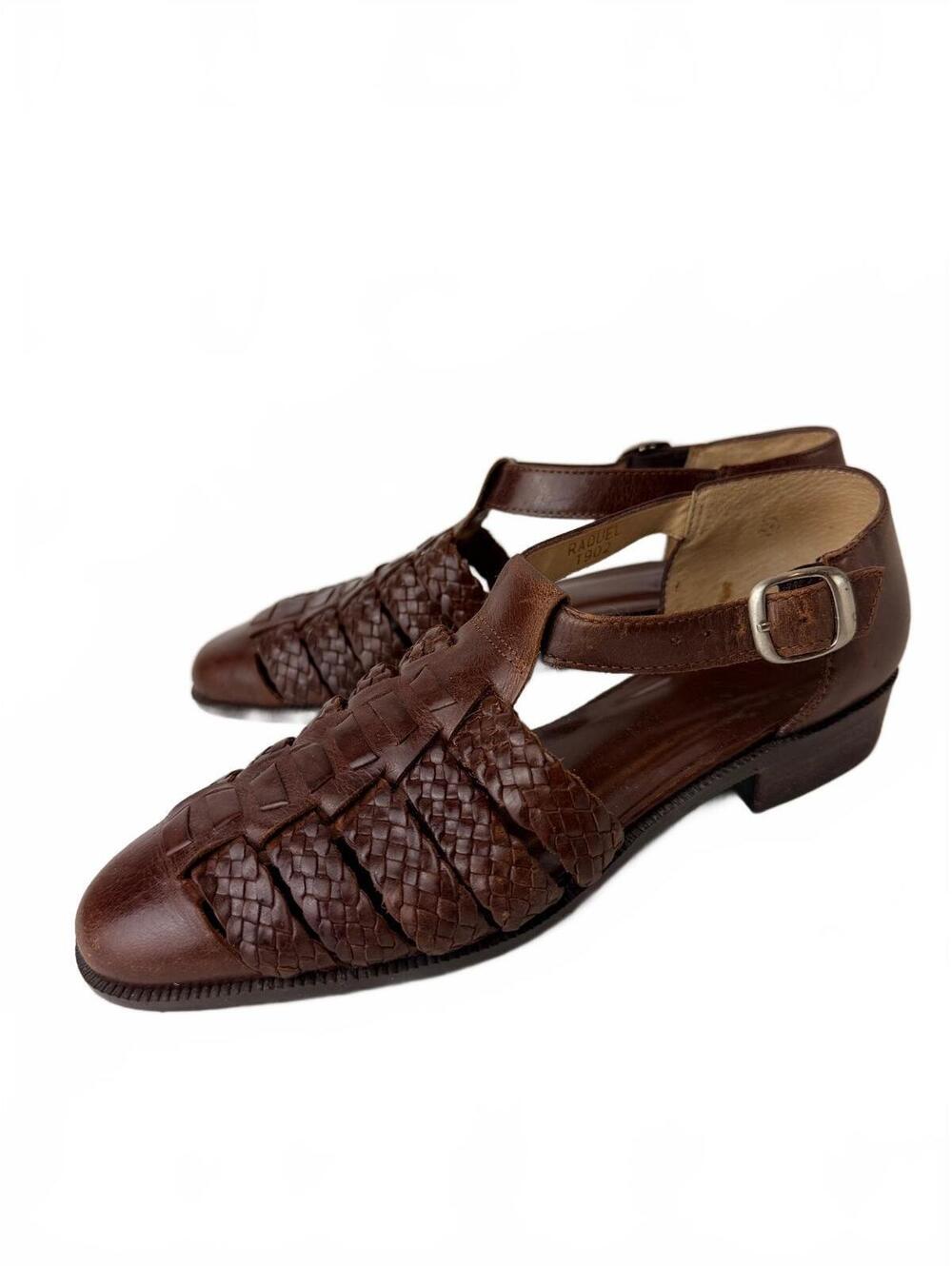 Vintage G.H. Bass Brown Leather Woven Mary Jane Sandals Size 5M